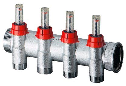 Коллектор запорный 1" с расходомер., 6 отв. 3/4" EUROKONUS