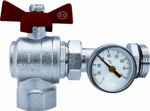 Кран шаровой Kromwell 1", ВР-"американка" EPDM, угловой с термометром, комлект 2 шт. " красн. и син. бабочка, никель