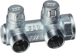 Коллектор запорный 3/4" с 2 отв. 1/2"НР (межосев. 45 мм), концевой