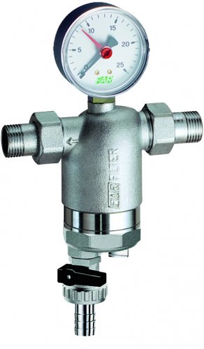 Фильтр 1/2", НР-НР, 300 мкм, с магнитной вставкой, с манометром, Tmax: 95 °С, 25 бар FAR