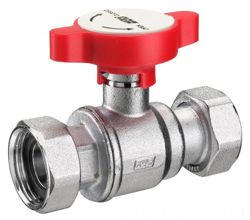 Кран шаровой FAR 3/4", накидные гайки EPDM, красн. бабочка под термометр, хром