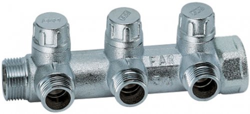 Коллектор запорный 1", ВР-НР, 3 отвода 1/2"EU, НР FAR