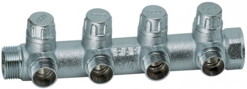 Коллектор запорный 1", ВР-НР, 4 отвода 1/2", НР, межосев. 45 мм FAR