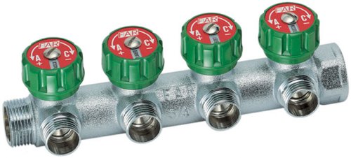 Коллектор регулирующий 3/4", ВР-НР, 4 отвода 1/2", НР, межосевое 45 мм, плоское уплотнение FAR
