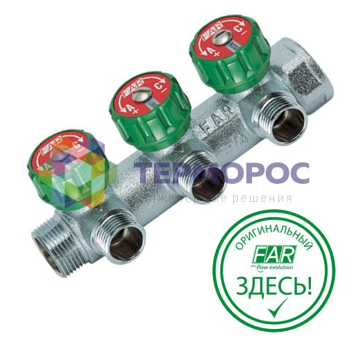 Коллектор регулирующий 1" (ВР-НР) с 3 отв. 3/4" НР (межосев. 45 мм), плск.упл.
