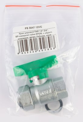 Кран шаровой FAR 1/2"-3/4", ВР-накидная гайка EPDM, с обратн. клапаном, зелен. бабочка, хром