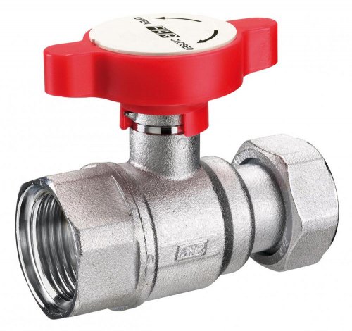 Кран шаровой FAR 3/4"-1", ВР-накидная гайка EPDM, красн. бабочка под термометр, хром
