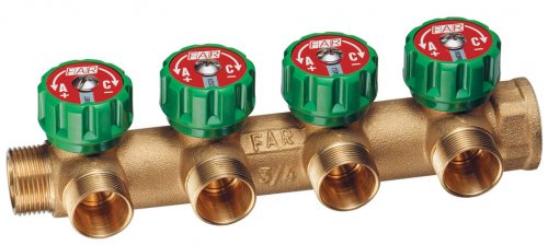 Коллектор регулирующий 3/4", НР-ВР, 4 отвода М24х19, из DZR латуни FAR
