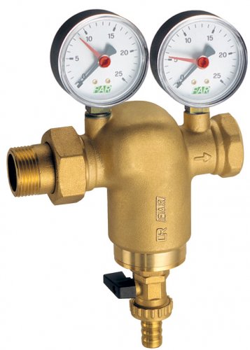 Фильтр 1 1/2", ВР-американка, 300 мкм, латунный, с манометром, Tmax: 95 °С, 25 бар FAR