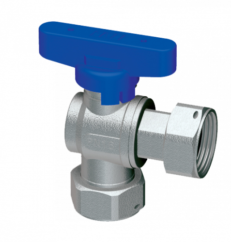 Кран шаровой FAR 3/4", накидные гайки EPDM, угловой, син. бабочка, хром