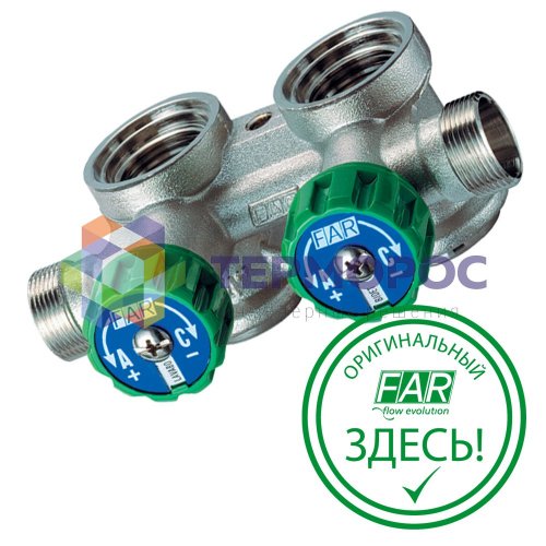 Коллектор регулирующий 3/4", проходной, параллельный, 2 отвода 1/2" FAR
