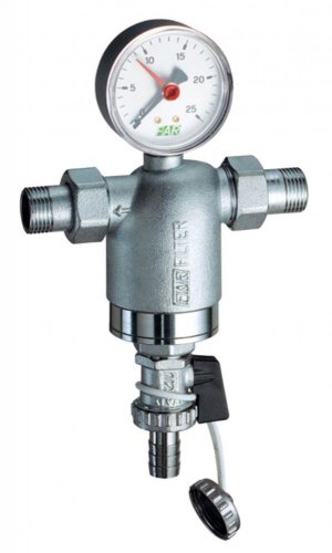Фильтр 1/2", НР-НР, 100 мкм, с манометром, Tmax: 95 °С, 25 бар FAR